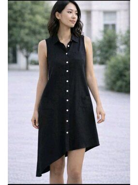 Womens Linen Blend Shirt Dress Asymmetrical Minimalist Casual Pockets Medium Blk